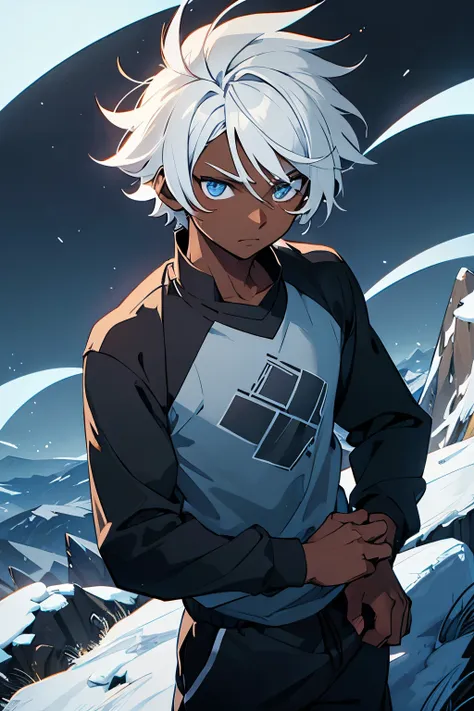 young male, dark skin, white hair, messy hair, light blue eyes, black long-sleeved shirt, black sweatpants, on a mountain at nig...