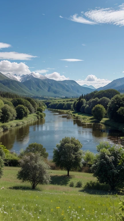 green field with trees, a river and in the background some mountains and the blue sky