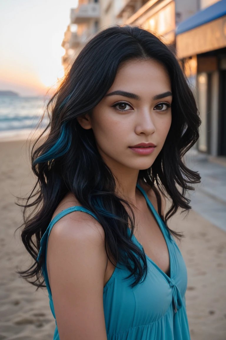 arafed (greek woman:1,2) with middle part long hair with highlights walking on the beach, deep dark blue highlights, black golden hour, curly eyebrows, she has a big space between her eyes, wide-eyed, greek nose, angular chin, ((unique face)), Portrait photo, VOGUE, RAW UHD format, Details (textures!, Hair!, glistering, Color!!, imperfections: 1.1), highly detailed glossy eyes (looking at the camera), DSLR Lighting, SLR camera, Ultra-Quality, sharpness, Depth of field, Film grain (Downtown), Fujifilm XT3, Crystal clear, Frame Center, sharp-focus, detailed skin pores, oilly skin, suntan, Complex eye details,