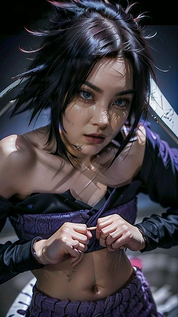 Moisturized skin, (gradient eyes), realistic body, (adult female body), energetic, (16 years old), (girl), crop top,
BREAK,
bright red lipstick, (beautiful navel), (dark purple hair), beautiful hair, (Uchiha Sasuke's clothes), (leather), mini skirt,
BREAK,
((masterpiece + highest quality + high resolution + highly detailed)), (full body: 1.2), symmetrical, one cut,
BREAK,
(electric shock), (wind blows), (blue electricity), (battle stance: 1.4),
BREAK,
assassination, cut, kunai, fantastic, dynamic,