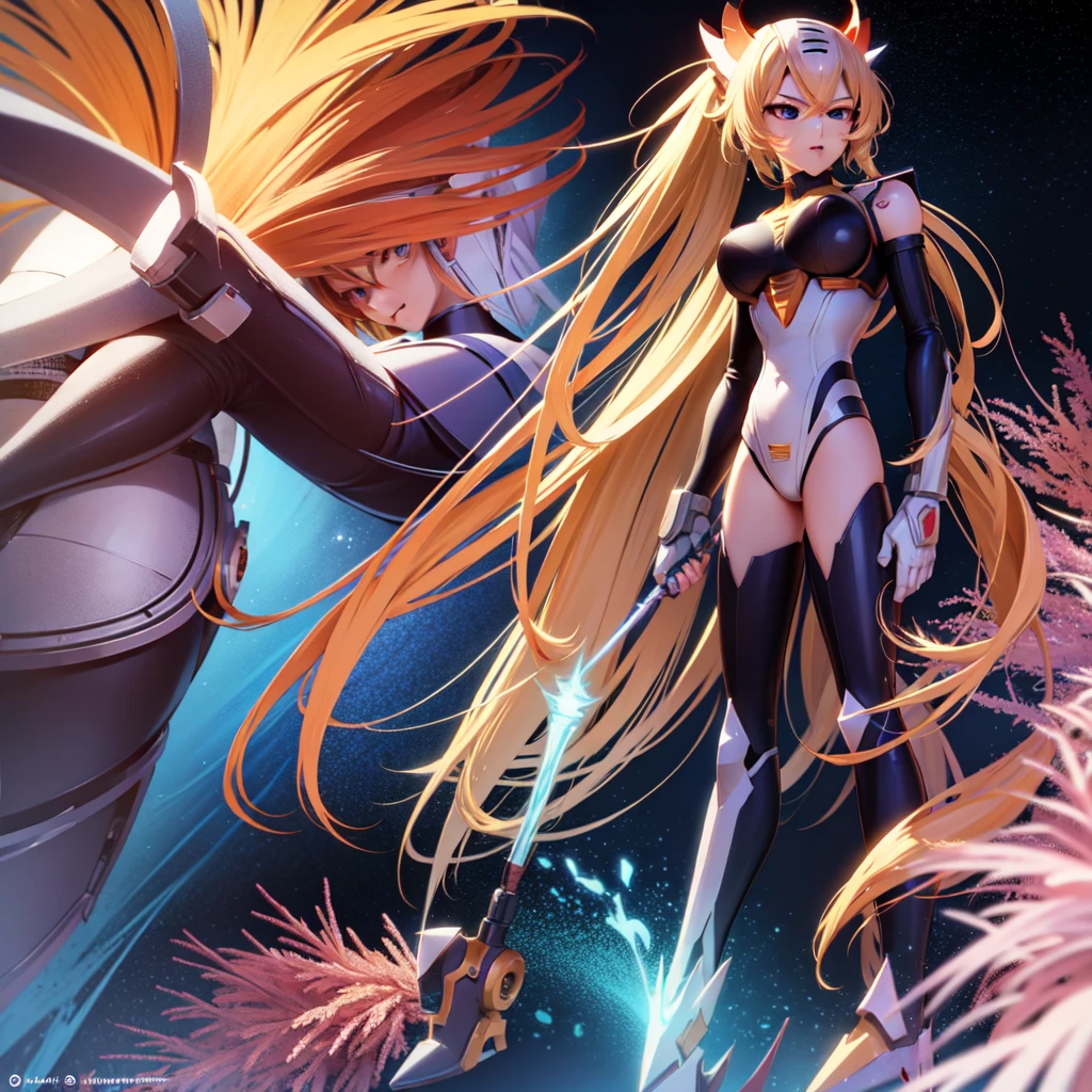 (anime style),(pretty and clearly image,masterpiece,cg,best quality,highres, extremely beautiful and delicate,good anatomy:1.3 ),(detailed eyes),perfect face,powerful,manly,strong will,determination,1boy,zero_megamanx, blue eyes, blonde hair, ponytail, very long hair, helmet, android, male focus, full body, facing viewer, holding beam_saber,dynamic pose,science fiction, impacted,dramatic,detailed background,battlefield,style of cyberpunk