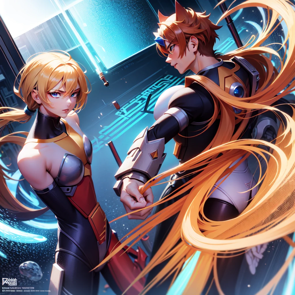 (anime style),(pretty and clearly image,masterpiece,cg,best quality,highres, extremely beautiful and delicate,good anatomy:1.3 ),(detailed eyes),perfect face,powerful,manly,strong will,determination,1boy,zero_megamanx, blue eyes, blonde hair, ponytail, very long hair, helmet, android, male focus, full body, facing viewer, holding beam_saber,dynamic pose,science fiction, impacted,dramatic,detailed background,battlefield,style of cyberpunk