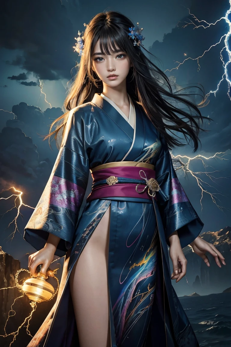 (masterpiece, Highest quality, Highest quality, Official Art, beautifully、aesthetic:1.2), (One girl), extreme detailed,(Abstract, Fractal Art:1.3),Colorful Hair,highest detailed, detailed_eye, thunder、Lightning, Light_particle,Wearing a kimono(thunder、Representation of electricity)