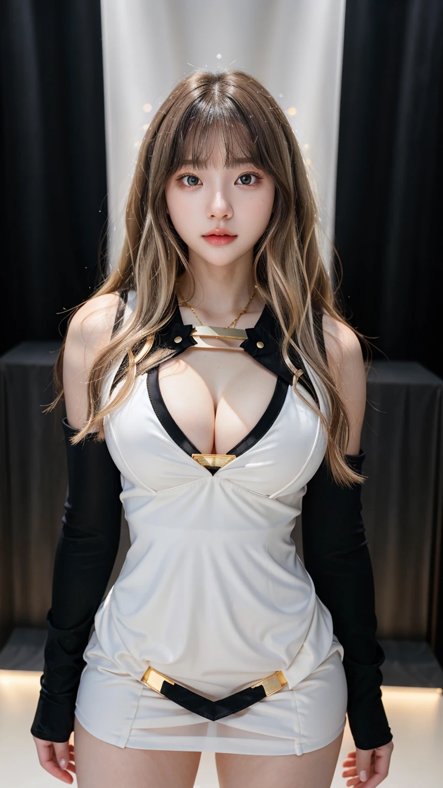 Gorgeous Girl, Beautiful, Baby Face, 20 Years Old, White Skin, Movie Lighting, Futuristic, ((Cleavage)), ((Black) Short Dress), Gold Eye, Muscles, Bokeh, Masterpiece, Medium Bob, White-Gold wavy Hair, standing in front of solid white background