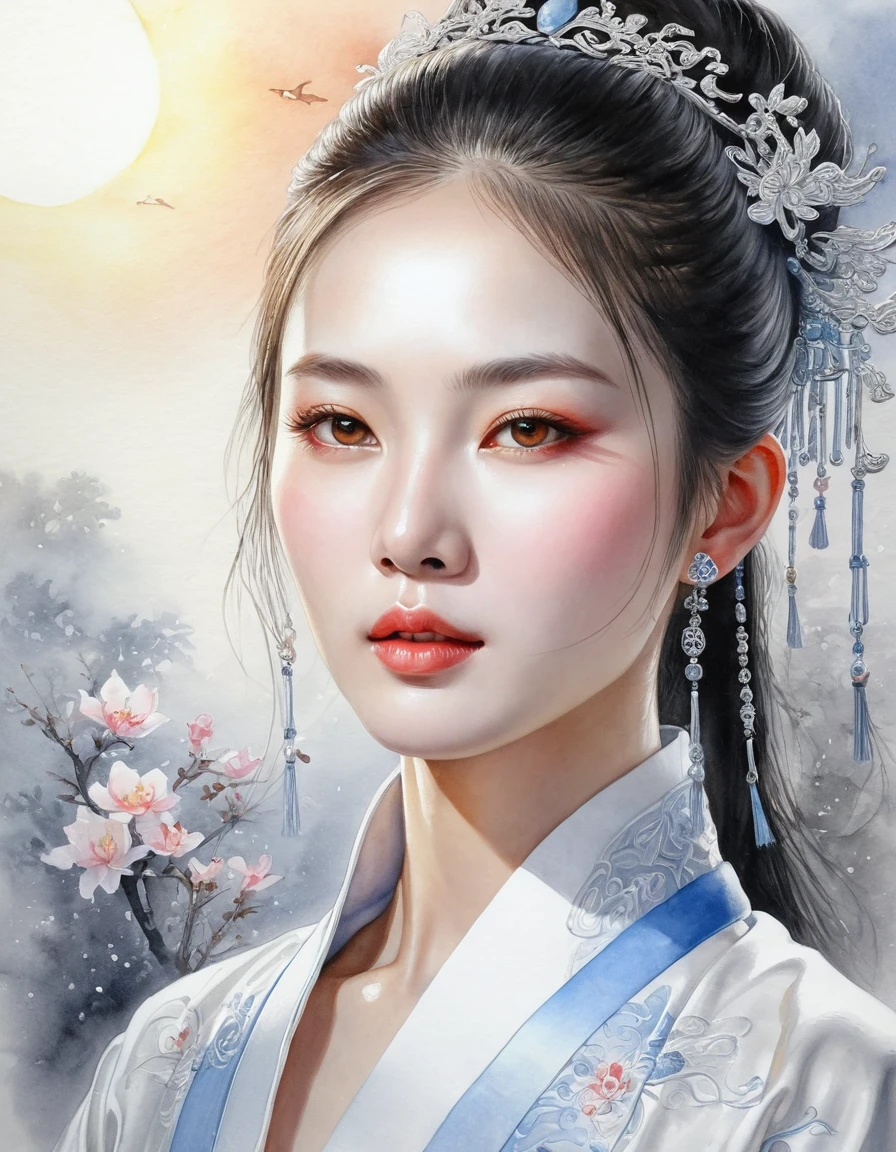 awareness Chinese painting Watercolor drawing, photorealism,  slotsi, a mystic, glare of the sun, White background, Pixel study, high detail, tender,  realistically, high quality, piece of art, glitter,  hyperdetailing, professionally, filigree, mystical haze, super detail, hyperrealism, professionally intricate details, transparently, delicate pastel colors, Backlight.