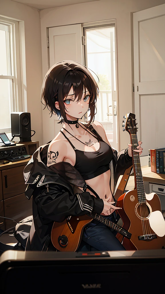 A young woman with short black hair dyed the ends light brown. wearing a black tank top He has graphic tattoos on his shoulder and chest. playing acoustic guitar Create an image of a young woman playing an acoustic guitar in a cozy room. She has short, light brown hair that is dyed at the ends. and wearing a black tank top Intricate graphic tattoos are evident on the shoulders and chest. She has a relaxed and expressive demeanor while playing the guitar. The background of the picture is a room with a simple white door and furniture.