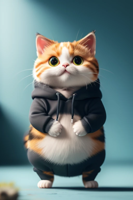masterpiece,high quality,Cute fat calico kitten,upright、On the stomach,View from the front、Stand on two legs、Green background,Wearing a black sweatshirt、Wearing a hood
