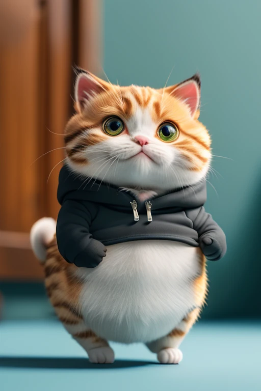 masterpiece,high quality,Cute fat calico kitten,upright、On the stomach,View from the front、Stand on two legs、Green background,Wearing a black sweatshirt、Wearing a hood