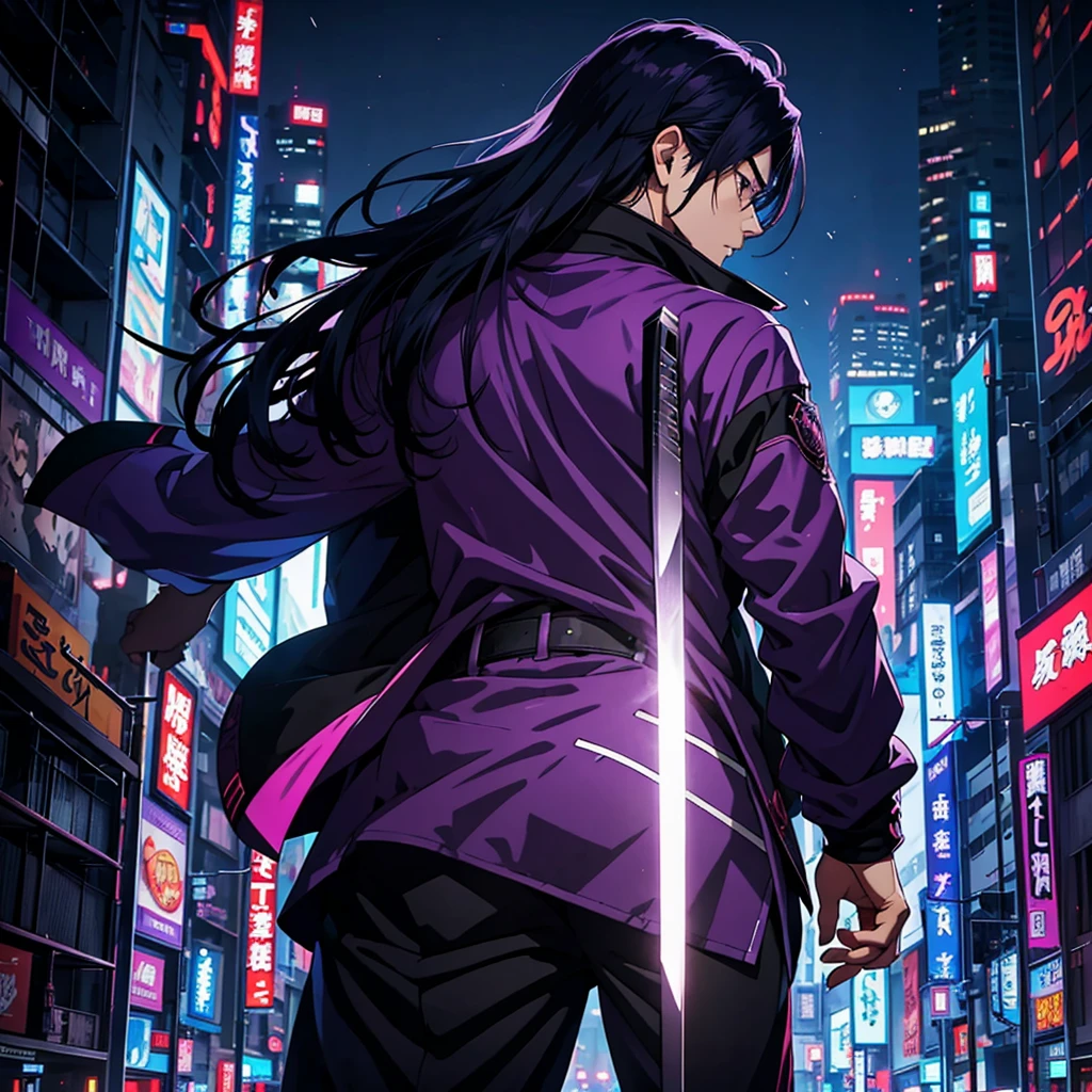 a man with back hair and a purple jacket holding a sword, cyberpunk art inspired by Munakata Shikō, tumblr, digital art, ufotable art style, anime wallaper, profile picture 1024px, trigger anime artstyle, badass anime 8 k, tokyo ghoul, 4k anime wallpaper, jujutsu kaisen, Gojo Satoru,