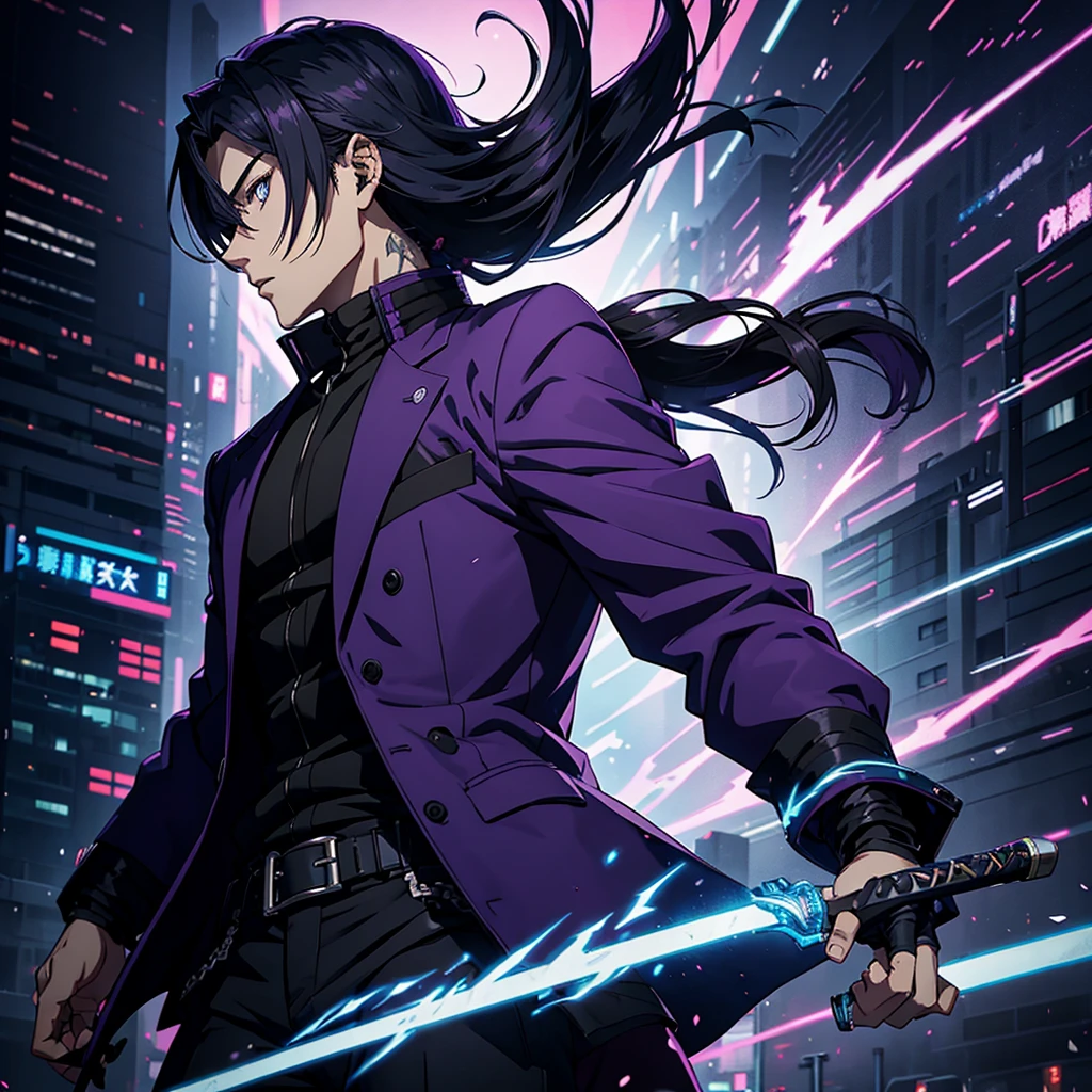 a man with back hair and a purple jacket holding a sword, cyberpunk art inspired by Munakata Shikō, tumblr, digital art, ufotable art style, anime wallaper, profile picture 1024px, trigger anime artstyle, badass anime 8 k, tokyo ghoul, 4k anime wallpaper, jujutsu kaisen, Gojo Satoru,