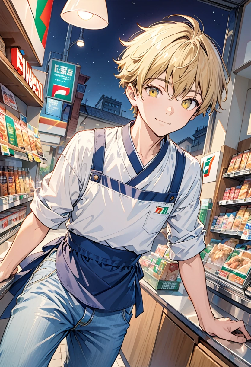 illustration, detailed illustration, ultra detailed, dynamic angle, 1boy, 18 year old boy, short blonde hair, wide hazel eyes, faint smile, pretty, 7-eleven, jeans, apron, indoors, night