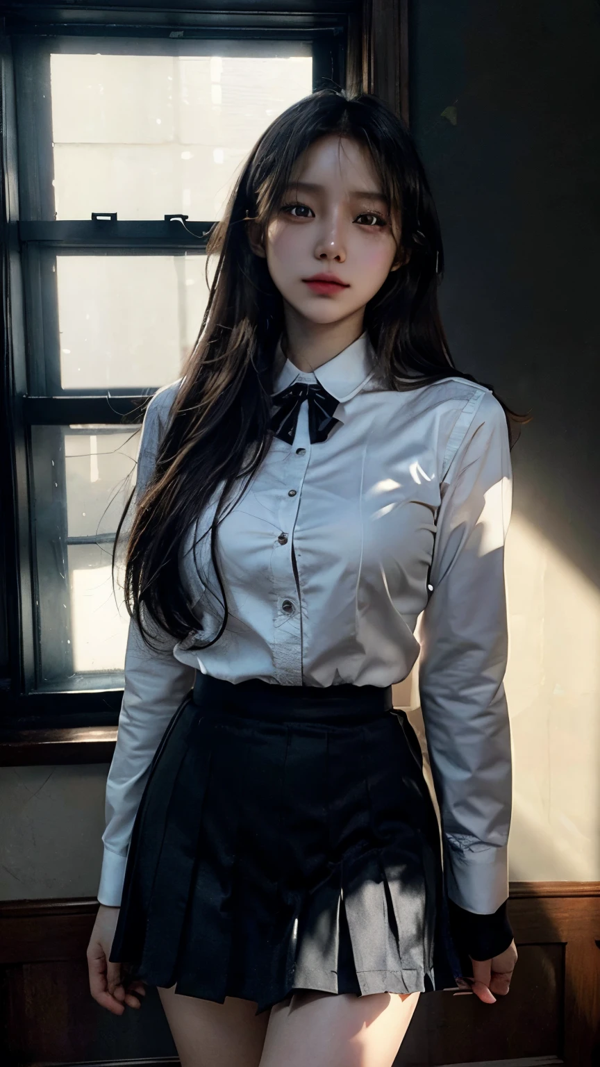 A young , detailed uniform, visible genitals under skirt, hyper realistic, masterpiece, 8k, high quality, cinematic lighting, dramatic shadows, detailed facial features, delicate skin, flowing hair, intricate fabric textures, moody atmosphere