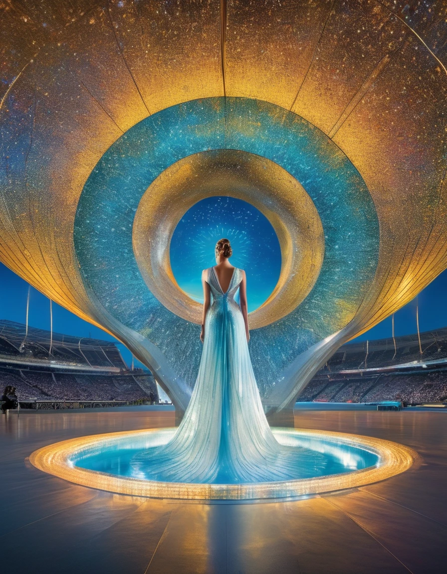 Frozen Elegance: Cryotherapy Chamber, Surrealist, Inspired by Salvador Dali, , a tear-streaked figure stands on the edge of the Olympic stadium, bathed in the warm glow of spotlights. The stadium's steel and glass reflect a kaleidoscope of colors, while the city of Paris shines like a distant constellation. Through blurry eyes, she gazes at the cheering crowds, where adoring faces morph into a sea of emotions.