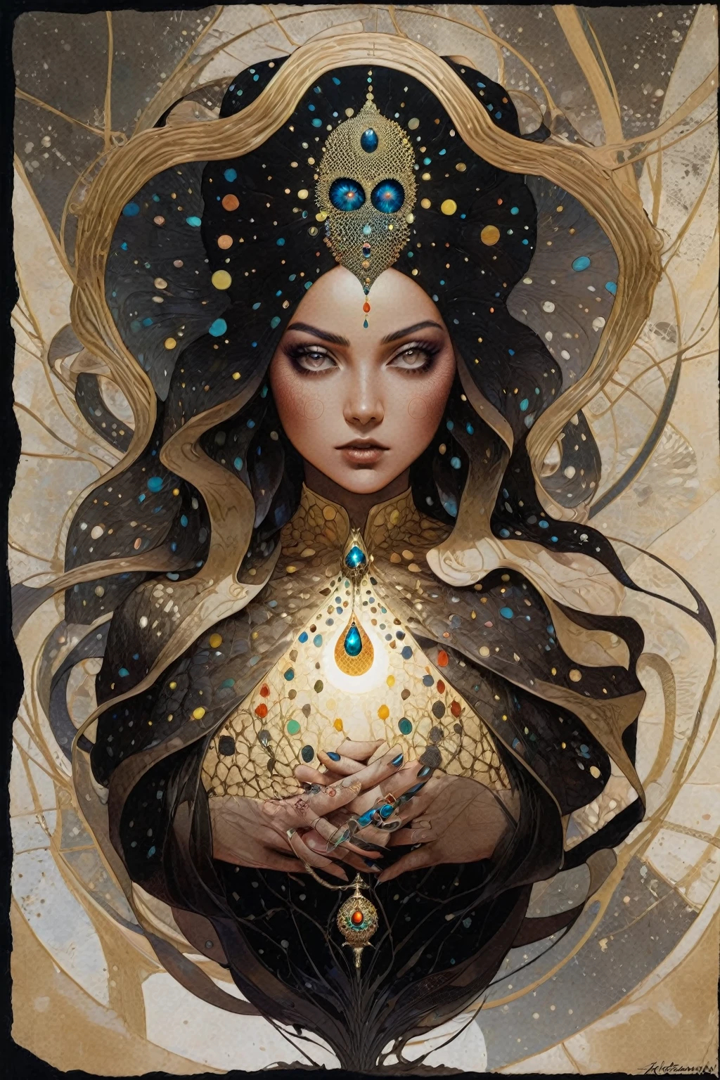 Pointillism style A RAW photograph of an otherworldly female alien creature by Katsuhiro Otomo and Makoto Shinkai and irving penn , bold lines, hyper detailed, dark limited palette, dramatic lighting, (intricate details, masterpiece, best quality:1.4),, art by Greg Rutkowski, Artgerm, WLOP, Alphonse, Beeple and Caravaggio, Lapidary of a Sisal-plated abysues magic LED lights float to cast light and shadow., Heidelberg School, F/5, multidimensional . Magical, evil, fantastical, futuristic, demonic, grunge style, highly detailed . Composed entirely of small, distinct dots of color, vibrant, highly detailed