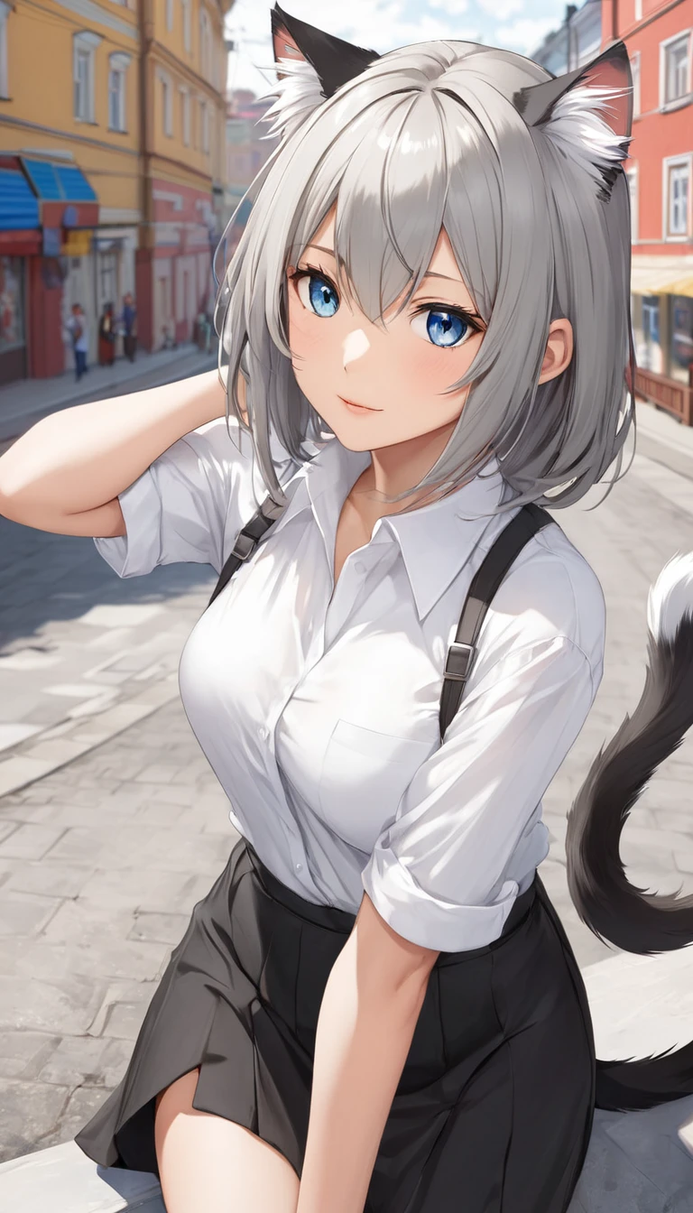 One girl, That will happen, View your viewers, Gray Hair, there is nothing, Cat ear, Feline tail, White shirt, Open clothes, Russian cities, ba-shiroko