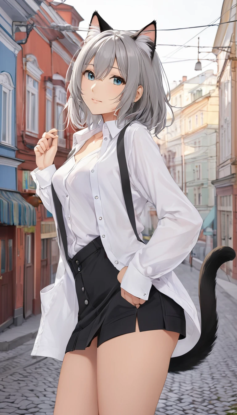 One girl, That will happen, View your viewers, Gray Hair, there is nothing, Cat ear, Feline tail, White shirt, Open clothes, Russian cities, ba-shiroko