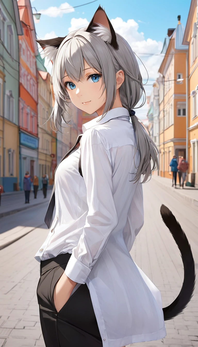 One girl, That will happen, View your viewers, Gray Hair, there is nothing, Cat ear, Feline tail, White shirt, Open clothes, Russian cities, ba-shiroko