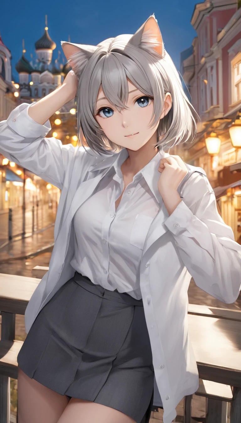 One girl, That will happen, View your viewers, Gray Hair, there is nothing, Cat ear, Feline tail, White shirt, Open clothes, Russian cities, ba-shiroko
