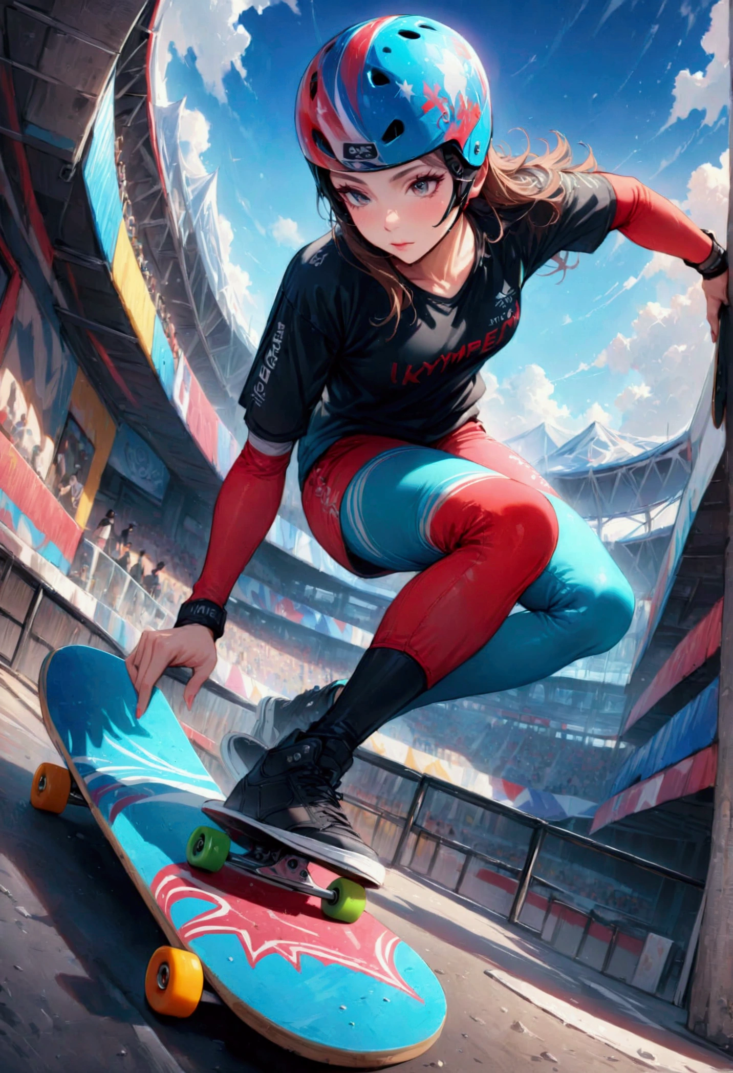 skateboard athlete, at the skateboard venue, detailed skateboard, (masterpiece:1.2), best quality, high quality, Highres, (hyper detailed), Olympic, aerial, skate helmet,