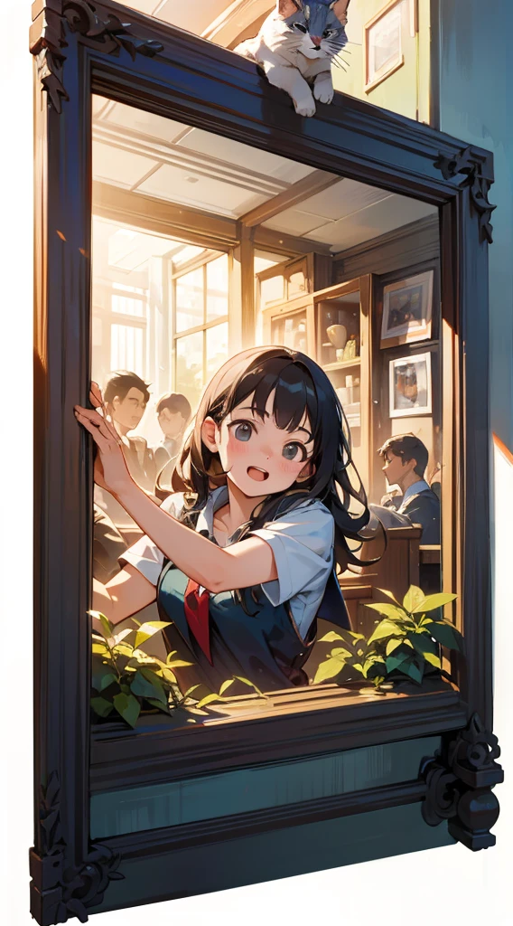student,whole body,(People rush out of the photo:2),Breaking the frame,illustration,Best picture quality,Rich details