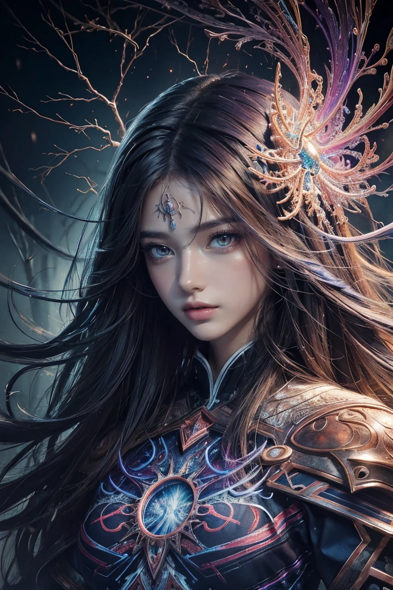 (masterpiece, Highest quality, Highest quality, Official Art, beautifully、aesthetic:1.2), (One girl), extreme detailed,(Abstract, Fractal Art:1.3),Colorful Hair,highest detailed, detailed_eye, thunder、Lightning, Light_particle, Ghost