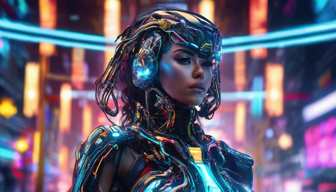 A futuristic cyborg woman, intricate robotic details, glowing circuitry, advanced technology, mechanical limbs, chrome plating, neon lights, blurred motion, dynamic pose, cinematic lighting, dark moody atmosphere, vibrant colors, digital art, 8k, hyper detailed, photorealistic
