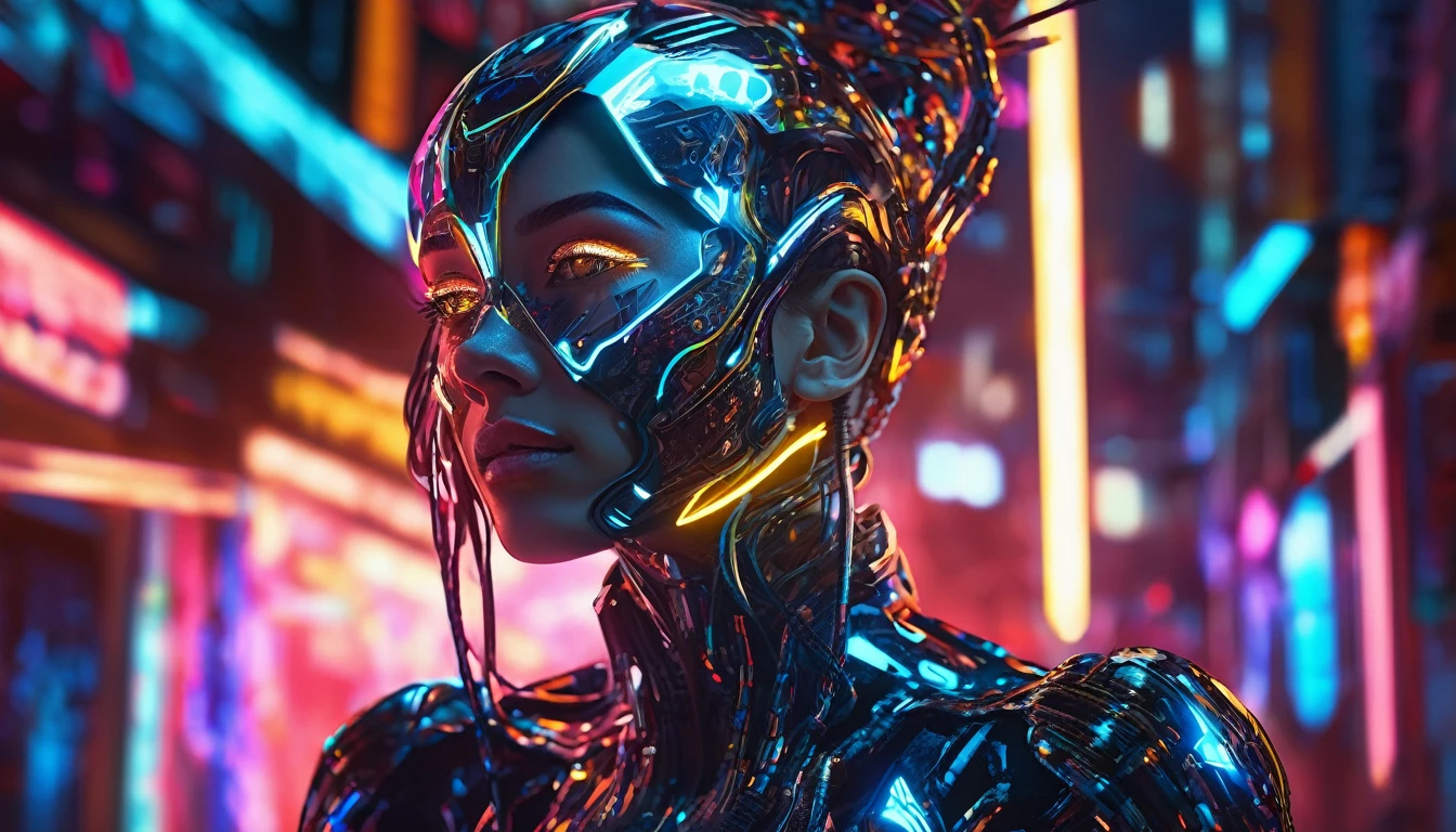A futuristic cyborg woman, intricate robotic details, glowing circuitry, advanced technology, mechanical limbs, chrome plating, neon lights, blurred motion, dynamic pose, cinematic lighting, dark moody atmosphere, vibrant colors, digital art, 8k, hyper detailed, photorealistic