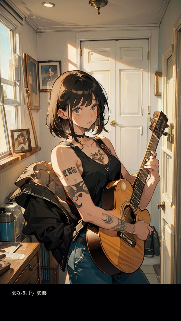 A young woman with short black hair dyed the ends light brown. wearing a black tank top He has graphic tattoos on his shoulder and chest. playing acoustic guitar Create an image of a young woman playing an acoustic guitar in a cozy room. She has short, light brown hair that is dyed at the ends. and wearing a black tank top Intricate graphic tattoos are evident on the shoulders and chest. She has a relaxed and expressive demeanor while playing the guitar. The background of the picture is a room with a simple white door and furniture.