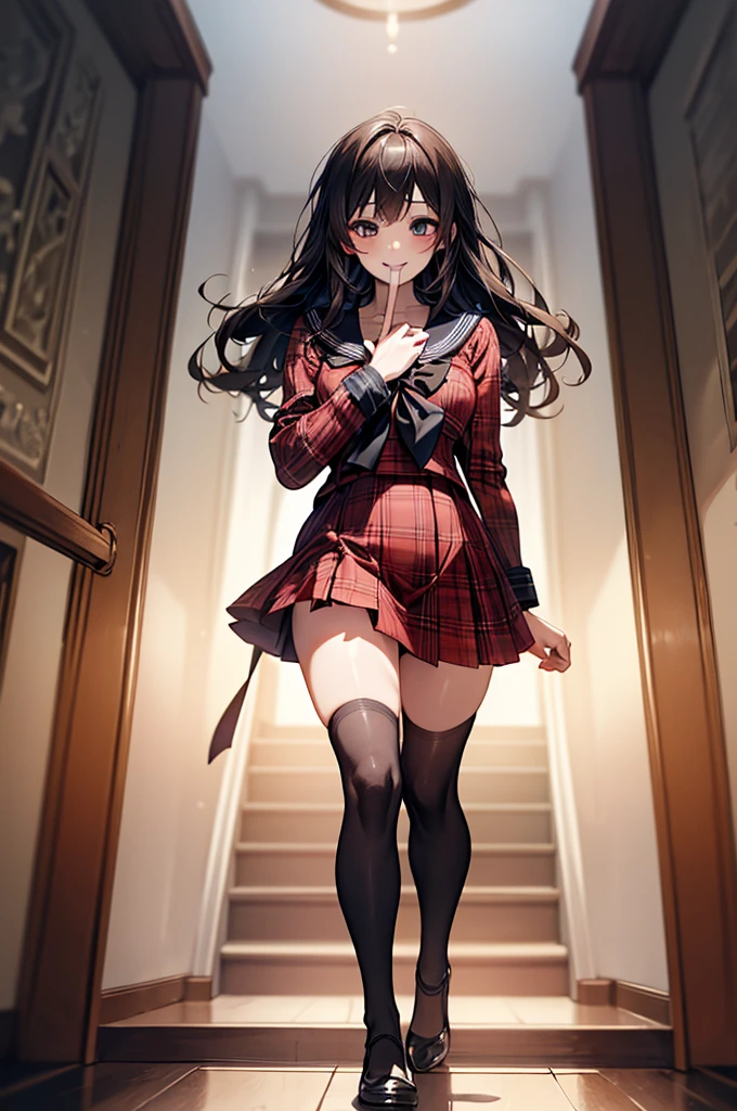 (Biologically correct limb count),Full body, including face,4K,Focus on the masterpiece face,Well-proportioned facial features,Delicate descriptive eyes,One beautiful woman,(Black Sailor Suit,red plaid skirt,Black Stockings),(smile),Looking down,Photos with white borders,Look away from the camera,National Library,walking,Walking down the stairs