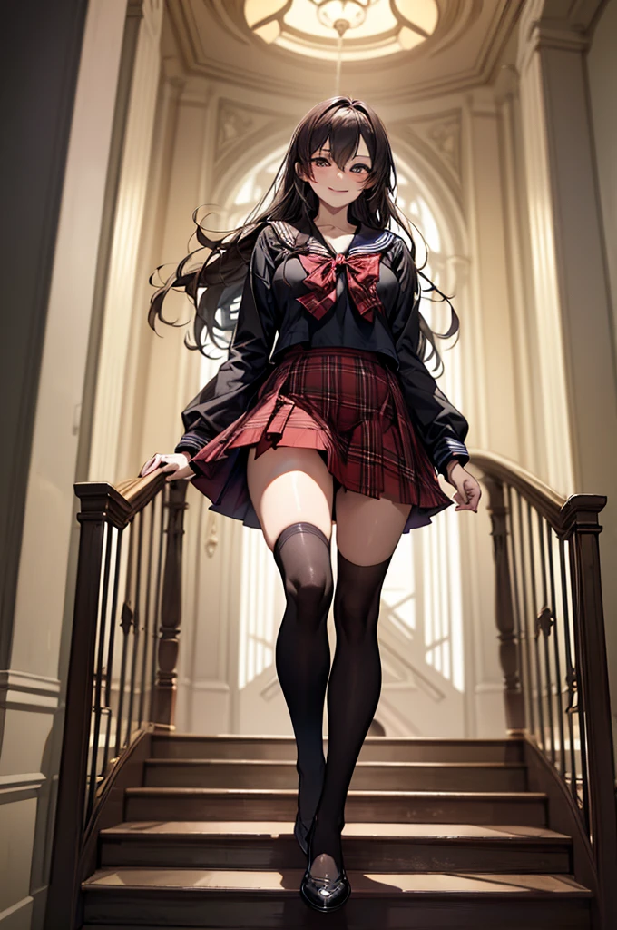 (Biologically correct limb count),Full body, including face,4K,Focus on the masterpiece face,Well-proportioned facial features,Delicate descriptive eyes,One beautiful woman,(Black Sailor Suit,red plaid skirt,Black Stockings),(smile),Looking down,Photos with white borders,Look away from the camera,National Library,walking,Walking down the stairs