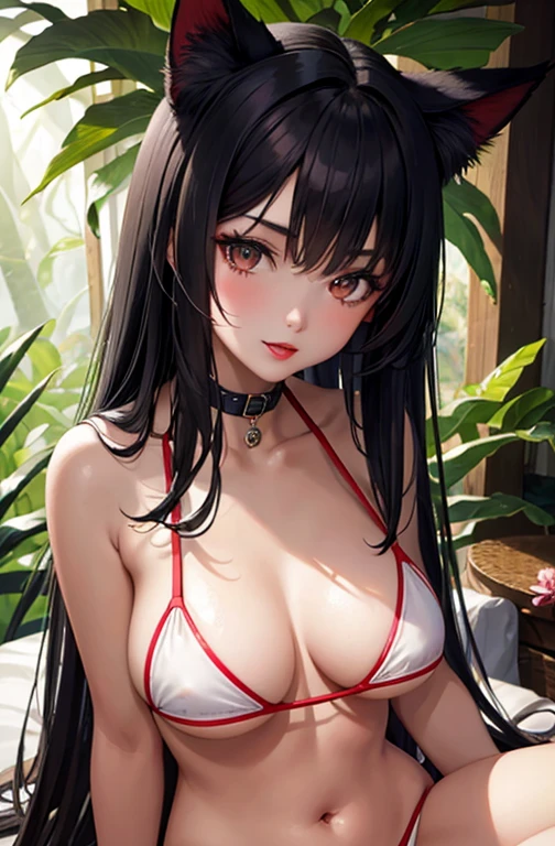 Detailed facial details，16 years old，1 girl，Red lips，Cat ear，Black long hair，Wearing a pure white bikini，Large Breasts，Slim，Collar，Radiant Skin，Sitting on the bed，flower，bedroom