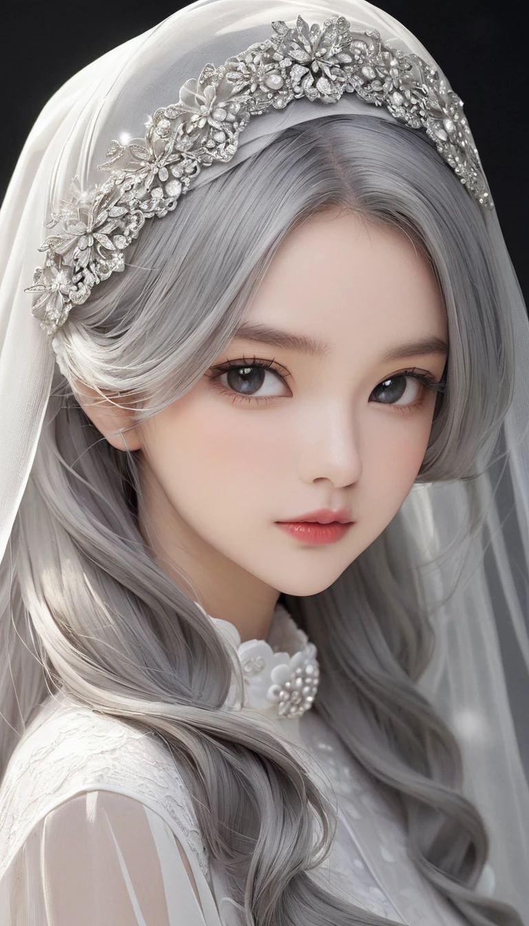Veil on head, Grey Veil, Gray Hair, Grey White, Gubes&#39;s art style, Arrogant and indifferent girl, Half-squinted, White eyes玉, White eyes, National style, Off-white