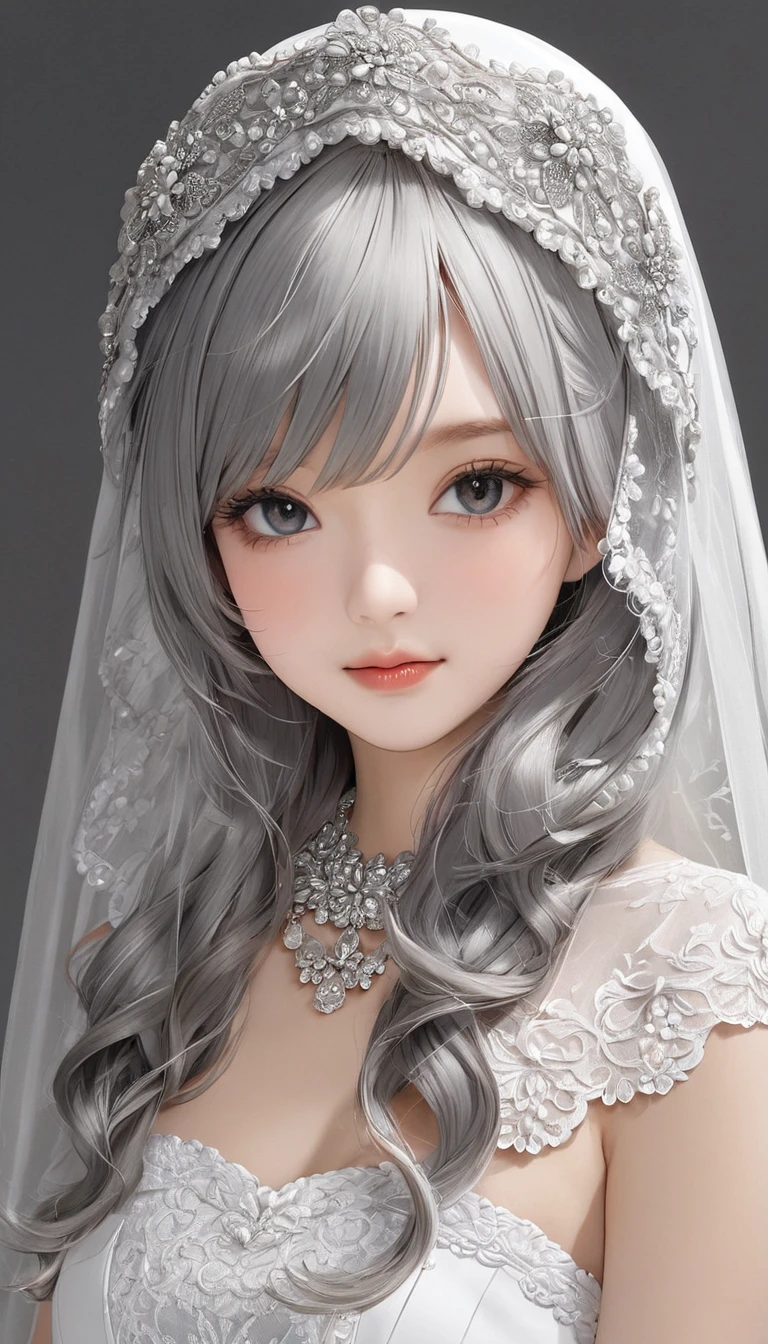 Veil on head, Grey Veil, Gray Hair, Grey White, Gubes&#39;s art style, Arrogant and indifferent girl, Half-squinted, White eyes玉, White eyes, National style, Off-white