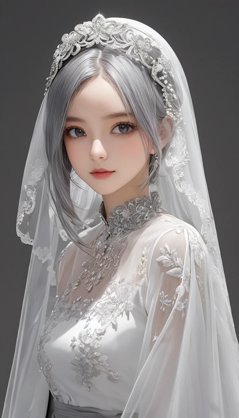Veil on head, Grey Veil, Gray Hair, Grey White, Gubes&#39;s art style, Arrogant and indifferent girl, Half-squinted, White eyes玉, White eyes, National style, Off-white