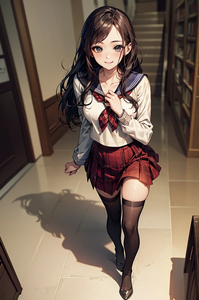 (Biologically correct limb count),Full body, including face,4K,Focus on the masterpiece face,Well-proportioned facial features,Delicate descriptive eyes,One beautiful woman,(Black Sailor Suit,red plaid skirt,Black Stockings),(smile),Looking down,Photos with white borders,Look away from the camera,National Library,walking,Walking down the stairs