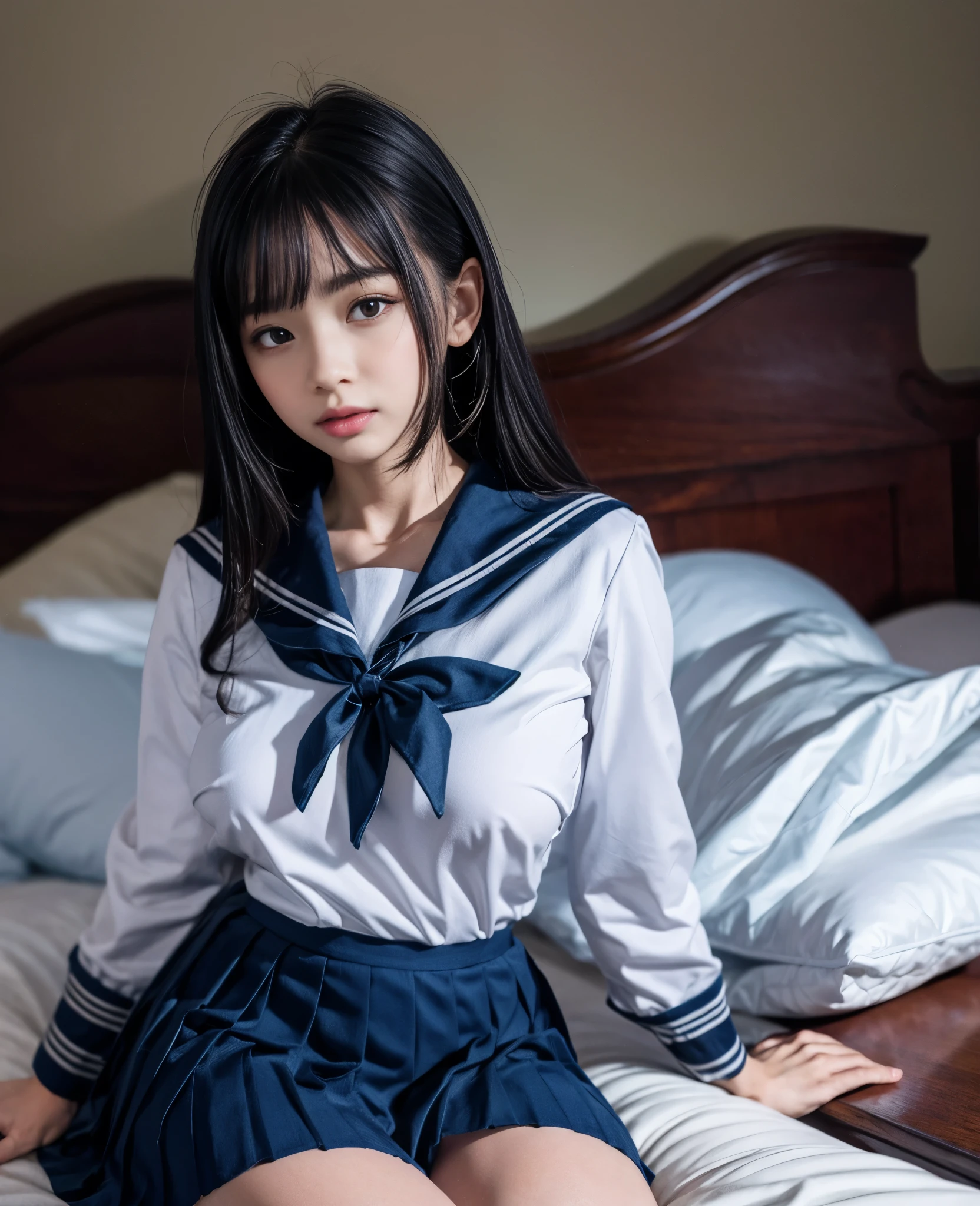 1girl, 18yo girl, sailor uniform, lying on bed, big breasts, skirt up, beautiful detailed eyes, beautiful detailed lips, extremely detailed face, long eyelashes, photo-realistic, 8k, highres, masterpiece, official art, cinematic lighting, dramatic, soft lighting, glowing skin, volumetric lighting, vibrant colors, hyper detailed