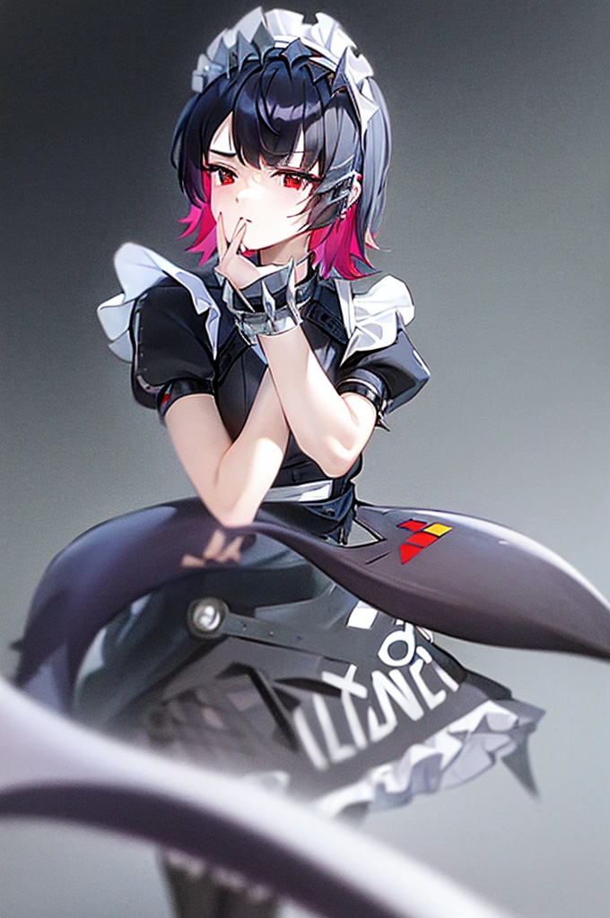 , wrist cuffs, two-tone hair, tail, skirt, short sleeves, shirt, shark tail, shark girl, puffy sleeves, puffy short sleeves, piercing, pantyhose, maid headdress, maid apron, maid, fish tail, fins, ear piercing, black skirt, black shirt, black pantyhose, apron, short hair, red hair, red eyes, multicolored hair, colored inner hair, black hair, ellen joe