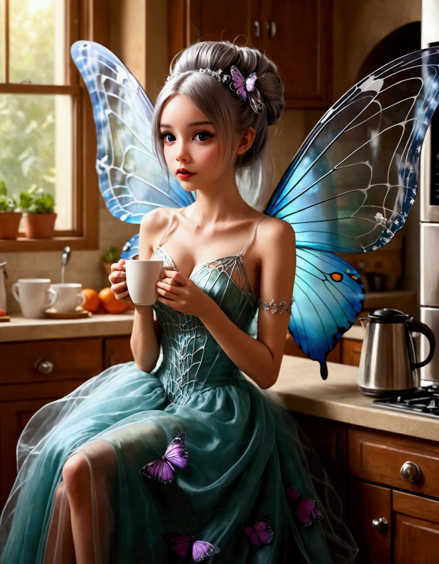 A cute fairy (crystalline butterfly wings, prismatic hair, large eyes, spider silk gown) is in the kitchen, she is taking a sip of coffee from a steaming hot cup, mischief in kitchen
