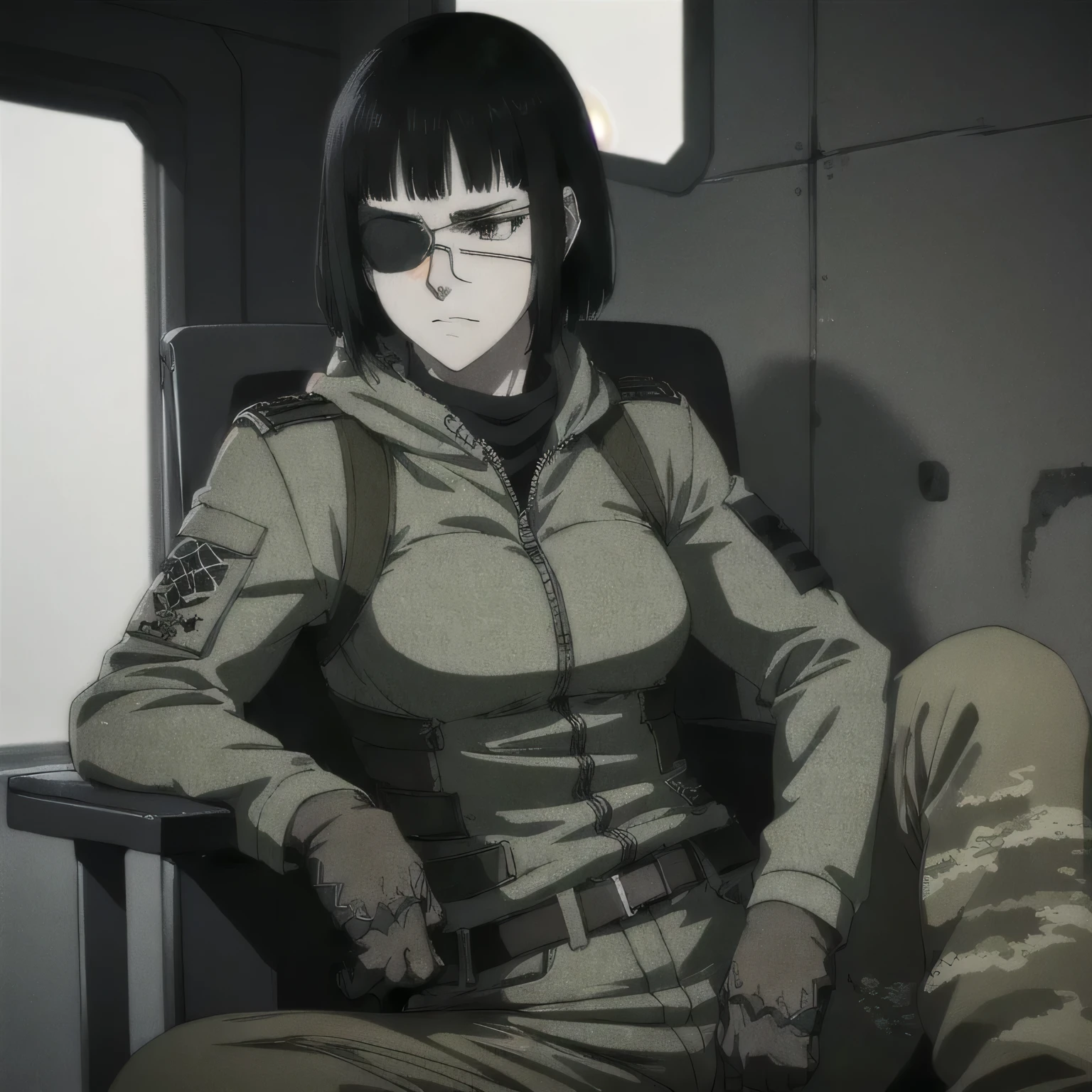 (best quality,ultra-detailed,realistic:1.37),musclaur badass girl with sculpted body, full review of the female character's face and body, intense expression, strong and confident posture, studio lighting, vivid colors, physiologically-based rendering, grungy texture, rugged background, dust particles in the air, commanding presence, professional, powerful, gritty aesthetics,,Valmet،short hair,wearing winter camouflage trousers and winter military jacket,in ice mountain,(1girl solo),eyepatch,sitting on chair 