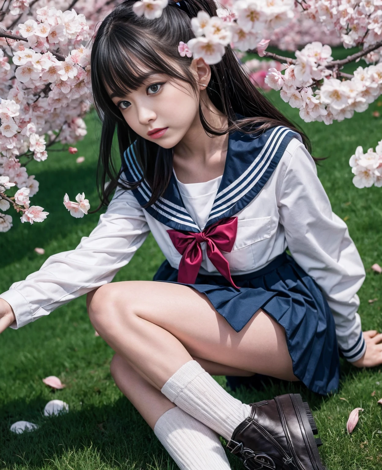 1girl,18yo girl,sailor uniform,ankle knee length skirt,beautiful detailed eyes,beautiful detailed lips,extremely detailed face,longeyelashes,outdoor,cherry blossom tree,sakura petals,natural lighting,vibrant colors,realistic,photorealistic,photo-realistic:1.37,best quality,8k,masterpiece:1.2,ultra-detailed,studio lighting,vivid colors