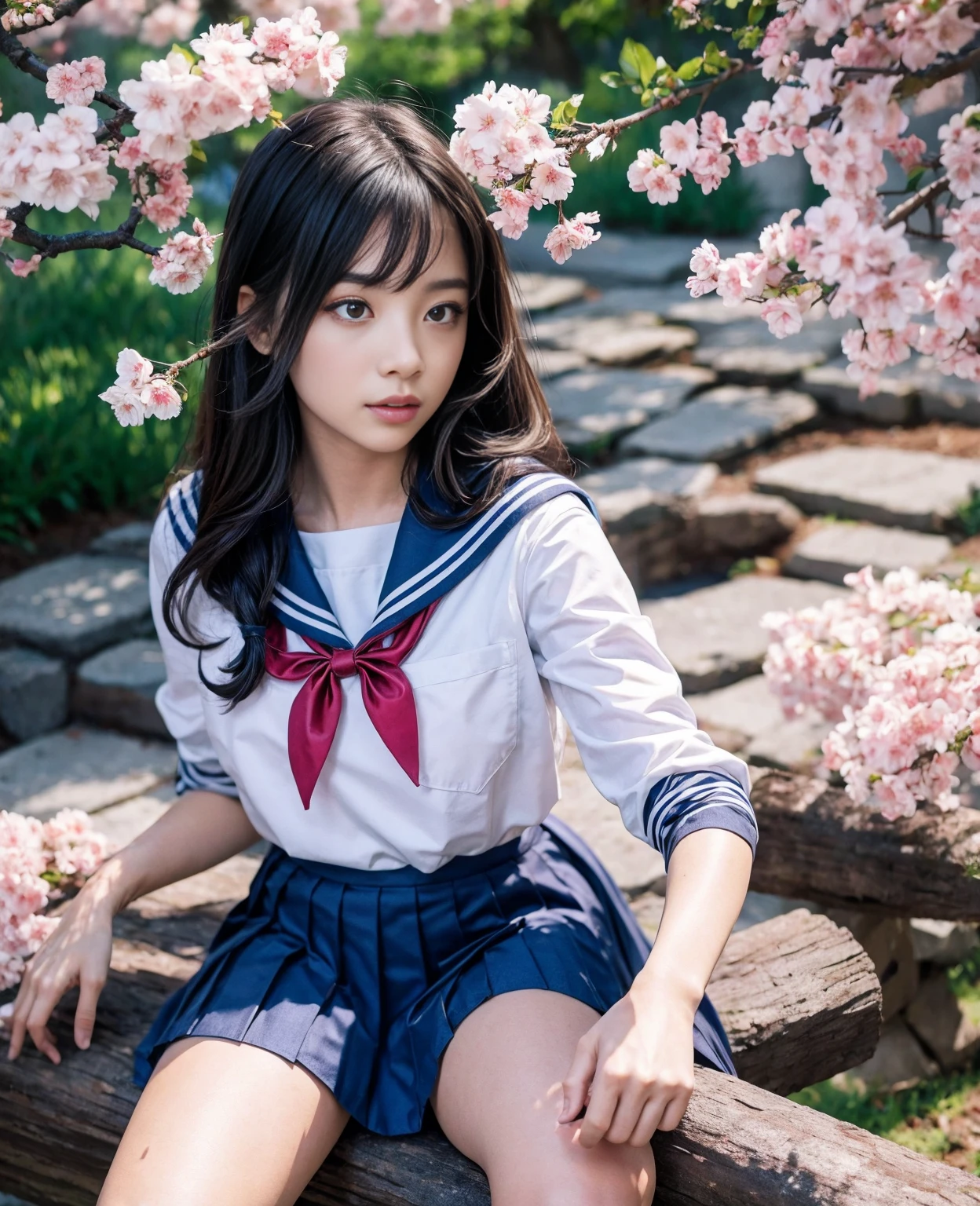 1girl,18yo girl,sailor uniform,ankle knee length skirt,beautiful detailed eyes,beautiful detailed lips,extremely detailed face,longeyelashes,outdoor,cherry blossom tree,sakura petals,natural lighting,vibrant colors,realistic,photorealistic,photo-realistic:1.37,best quality,8k,masterpiece:1.2,ultra-detailed,studio lighting,vivid colors