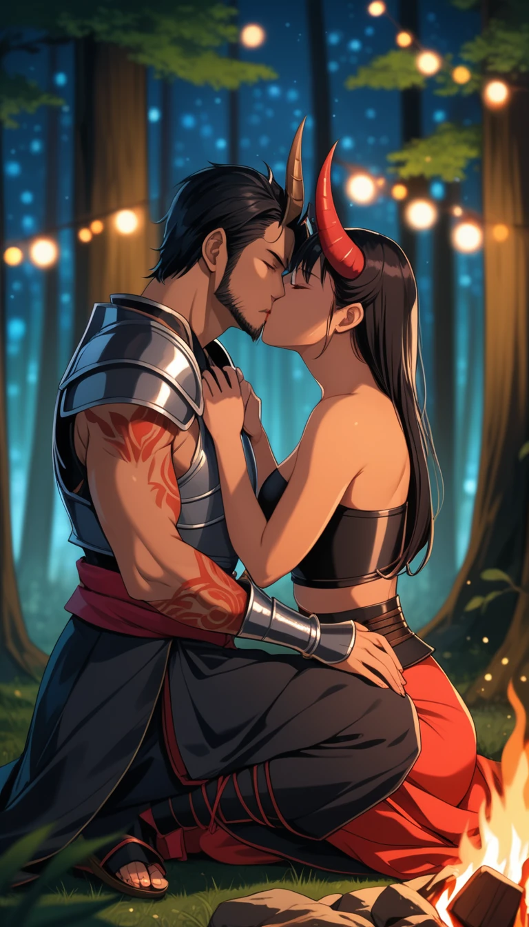8K, RAW, best quality, masterpiece, ultra high res, colorful, (medium wide shot), (dynamic perspective), sharp focus , (depth of field, bokeh:1.3), extremely detailed eyes and face, beautiful detailed eyes, (Oni, demon, oni couple, hugs, kiss, kissing, passion, love, moment,
(1girl, horns, tanned skin, red skin, slander tail, wide samurai pants, geta footwear, black tight crop top, breasts bandage, medium breasts:1),
(1man, Human, Knight, light leather armor, muscular, calm face, stubble, short black hair)
sits across-legged, hands on knees,
near campfire, lean back to tree, looking at viewer, facing viewer, right side view, forest background, dark forest, night time