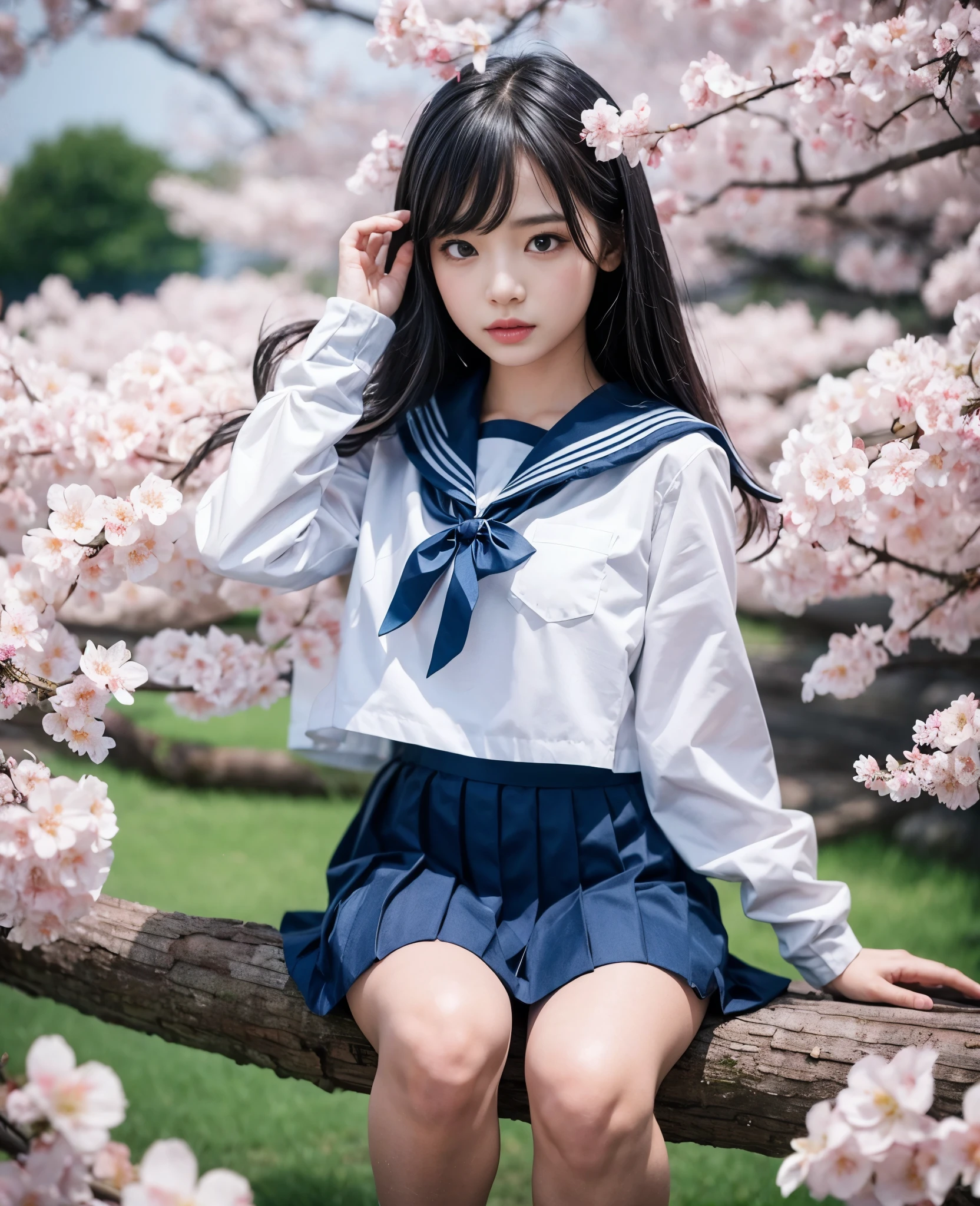 1girl,18yo girl,sailor uniform,ankle knee length skirt,beautiful detailed eyes,beautiful detailed lips,extremely detailed face,longeyelashes,outdoor,cherry blossom tree,sakura petals,natural lighting,vibrant colors,realistic,photorealistic,photo-realistic:1.37,best quality,8k,masterpiece:1.2,ultra-detailed,studio lighting,vivid colors