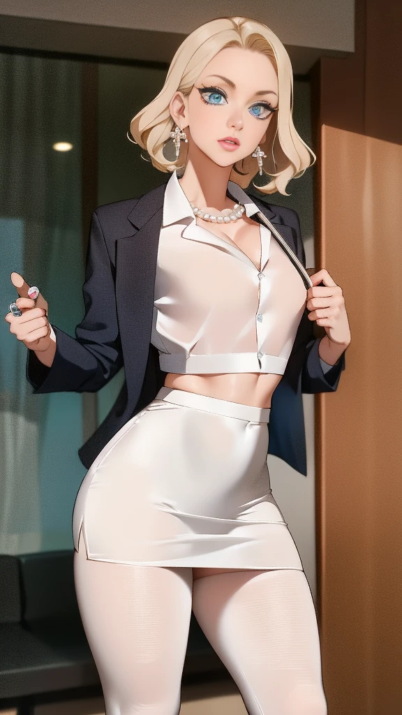 1 mature woman, light peach skin, big blue eyes, be blonde formal hair, pearl earrings, pearl necklace, wearing white crop top, wearing blue tight mini dress, at the office, seductive, open jacket, small bust, professional and SFW
