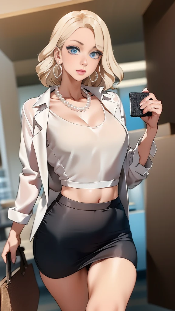 1 mature woman, light peach skin, big blue eyes, be blonde formal hair, pearl earrings, pearl necklace, wearing white crop top, wearing blue tight mini dress, at the office, seductive, open jacket, small bust, professional and SFW
