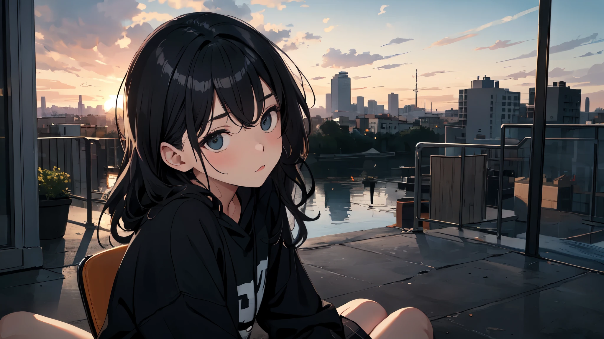 This painting is a masterpiece of art, At an unparalleled level of quality. It is an absurd piece, but、It is executed with meticulous attention to detail in the background.. The artist、Created a scene that invited the viewer to engage with the central character。.
The characters are depicted outdoors, Sitting in the city at dusk. Upper body exposed, Revealing vulnerability and intimacy. The figure's small breasts are delicately rendered., Skin glows、Gives an overall feeling of vitality。. Pale skin, Create contrast with the vibrant colors of the sunset.
Their hair is long and wavy, Frame the face in a natural way. Bangs add femininity, Black hair is shiny and healthy. This figure is barefoot, She is wearing a sweatshirt that contrasts with the skirt she is wearing..Adds a touch of mystery and charm.