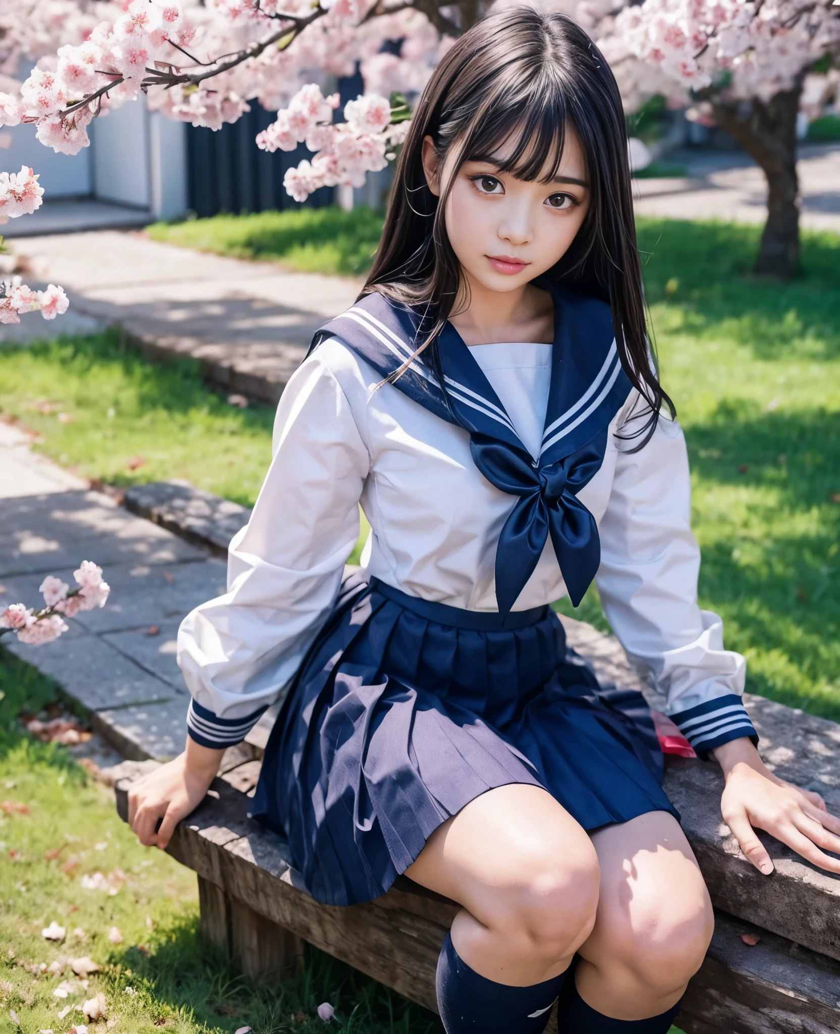 1girl,18yo girl,sailor uniform,ankle knee length skirt,beautiful detailed eyes,beautiful detailed lips,extremely detailed face,longeyelashes,outdoor,cherry blossom tree,sakura petals,natural lighting,vibrant colors,realistic,photorealistic,photo-realistic:1.37,best quality,8k,masterpiece:1.2,ultra-detailed,studio lighting,vivid colors