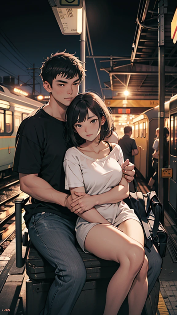 a couple sitting at a railway station, night scene, train approaching, couple wearing short clothes, girl has big hips detailed faces,