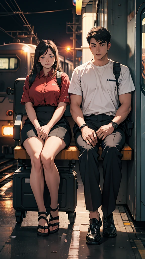 a couple sitting at a railway station, night scene, train approaching, couple wearing short clothes, girl has big hips detailed faces,