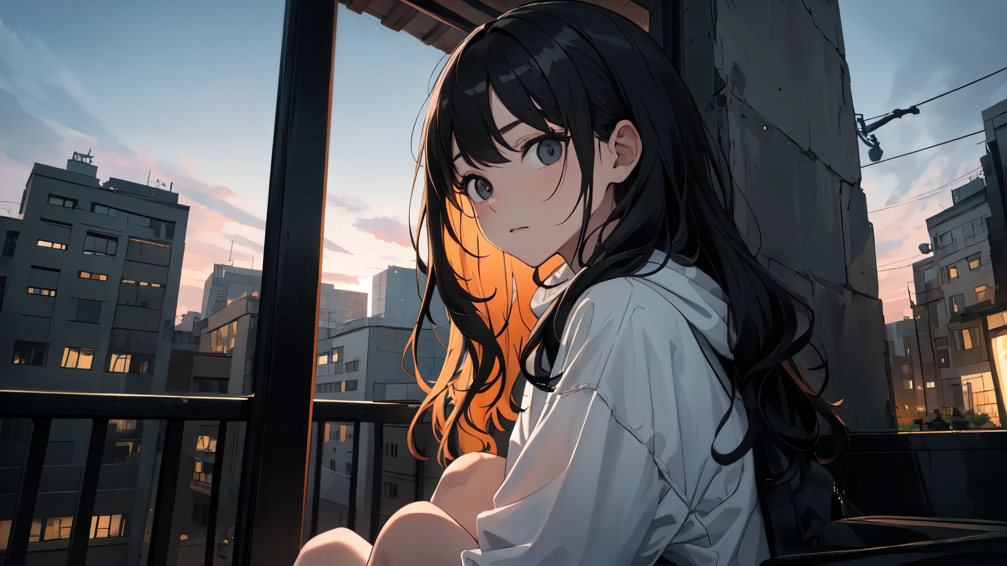 This painting is a masterpiece of art, At an unparalleled level of quality. It is an absurd piece, but、It is executed with meticulous attention to detail in the background.. The artist、Created a scene that invited the viewer to engage with the central character。.
The characters are depicted outdoors, Sitting in the city at dusk. Upper body exposed, Revealing vulnerability and intimacy. The figure's small breasts are delicately rendered., Skin glows、Gives an overall feeling of vitality。. Pale skin, Create contrast with the vibrant colors of the sunset.
Their hair is long and wavy, Frame the face in a natural way. Bangs add femininity, Black hair is shiny and healthy. This figure is barefoot, She is wearing a sweatshirt that contrasts with the skirt she is wearing..Adds a touch of mystery and charm.